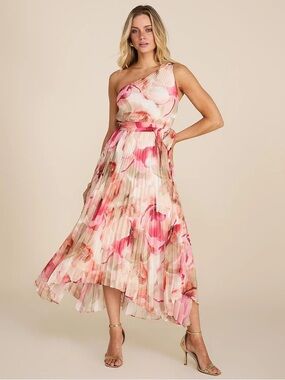One-Shoulder Pink Floral Pleated Midi Dress